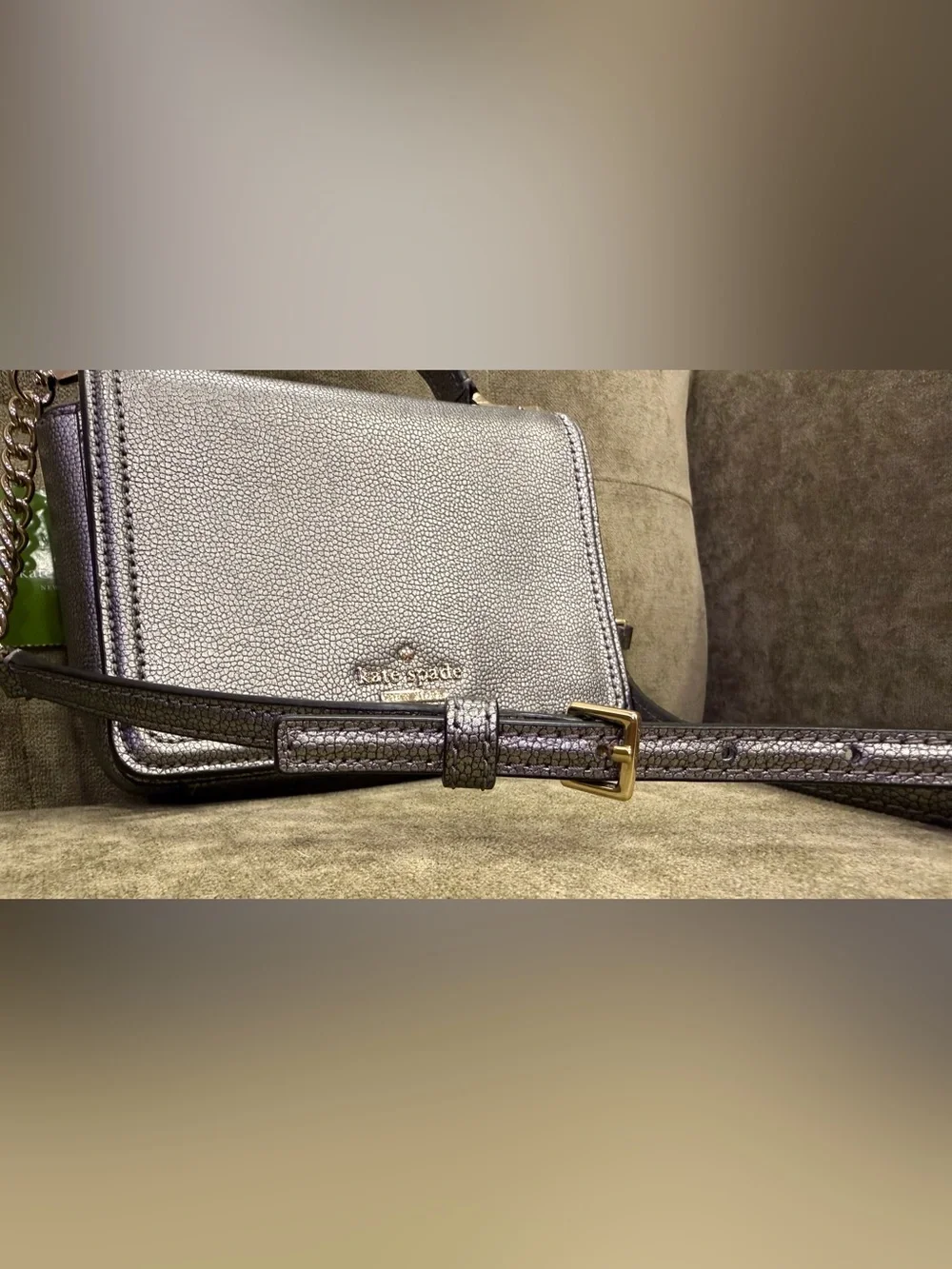 Kate Spade Maisie Metallic Pewter Pebbled Leather Crossbody with Top Handle
